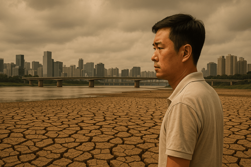 a man standing on cracked ground with a city in the background