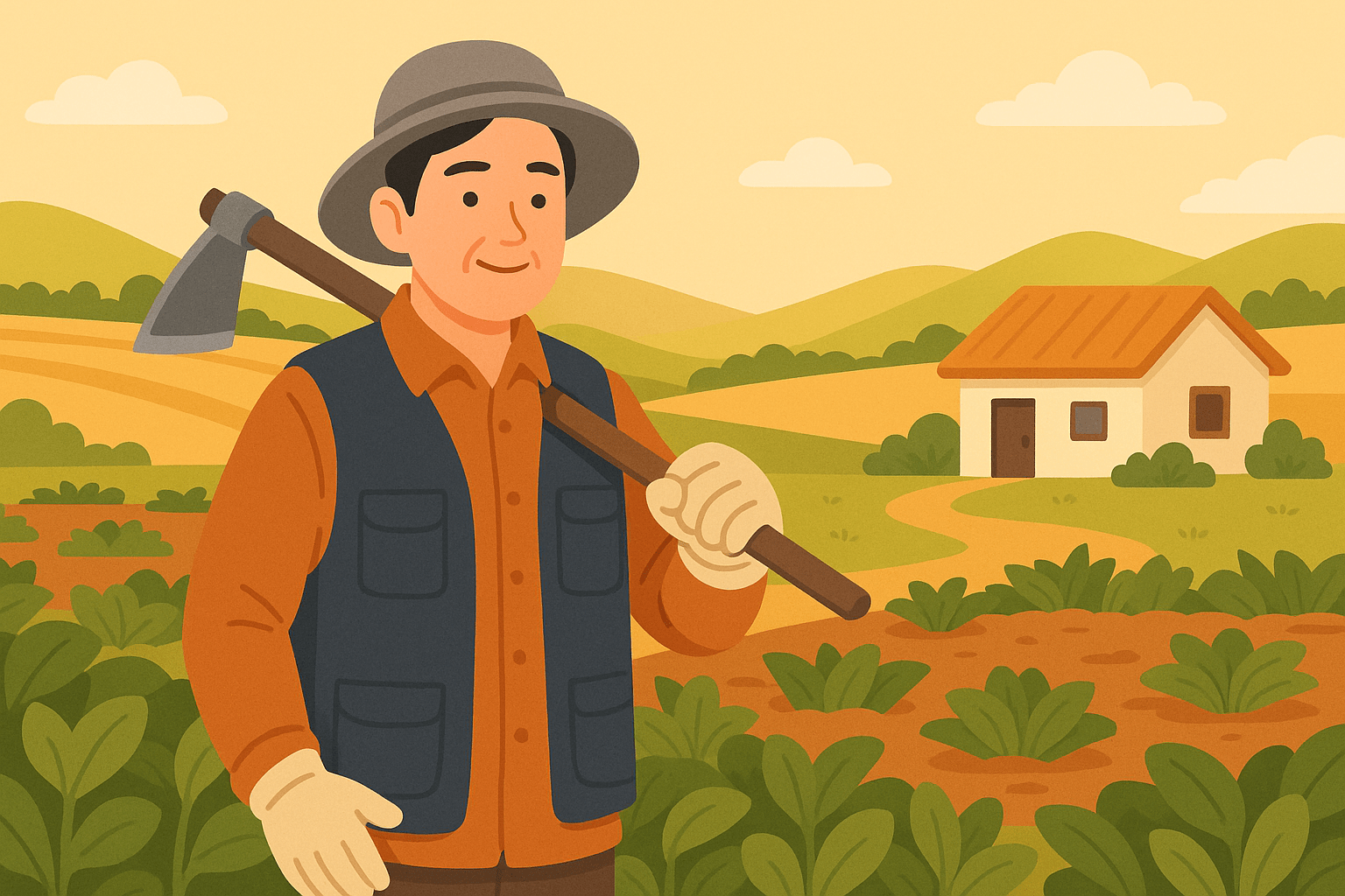 a cartoon of a man holding an axe in a field