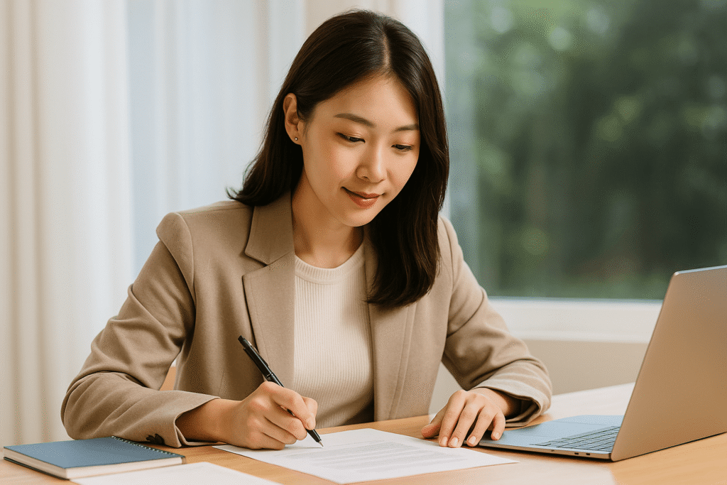 a woman writing on a paper