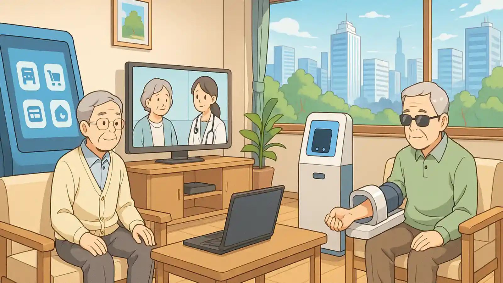 a cartoon of an old man and woman in a room with a computer