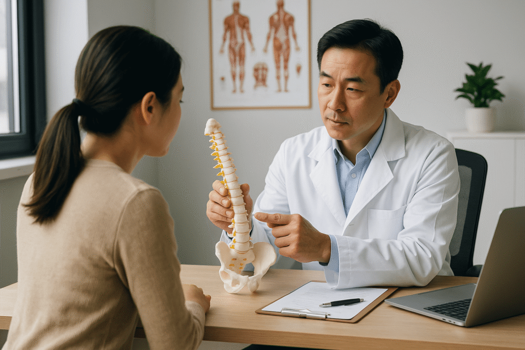 a man in a white coat explaining to a woman's spine