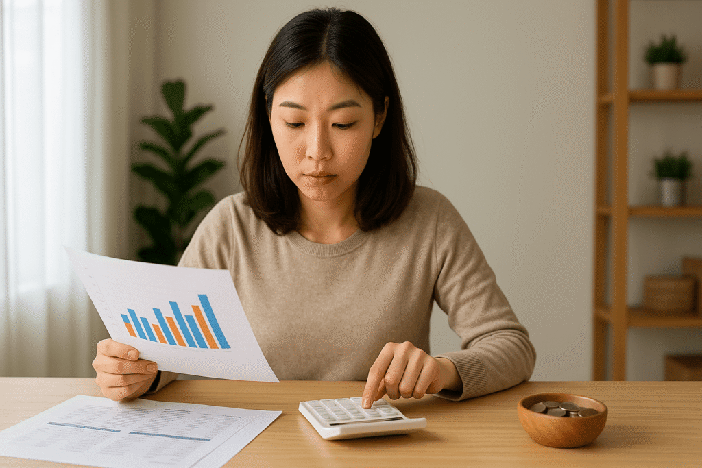 a woman sitting at a desk with a calculator and paper