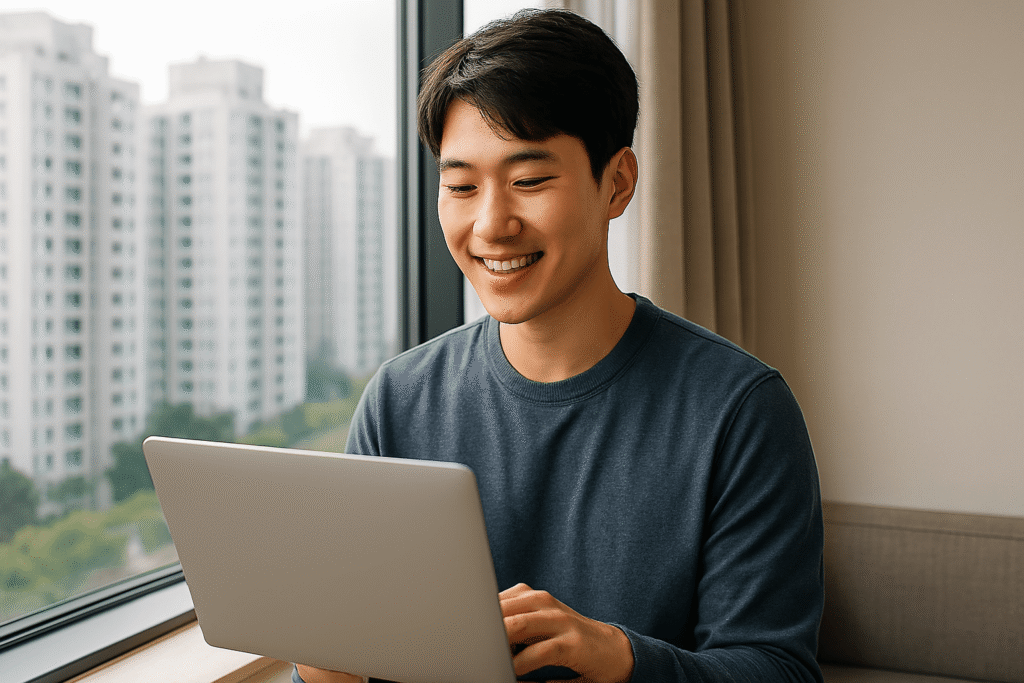 a man smiling at a laptop